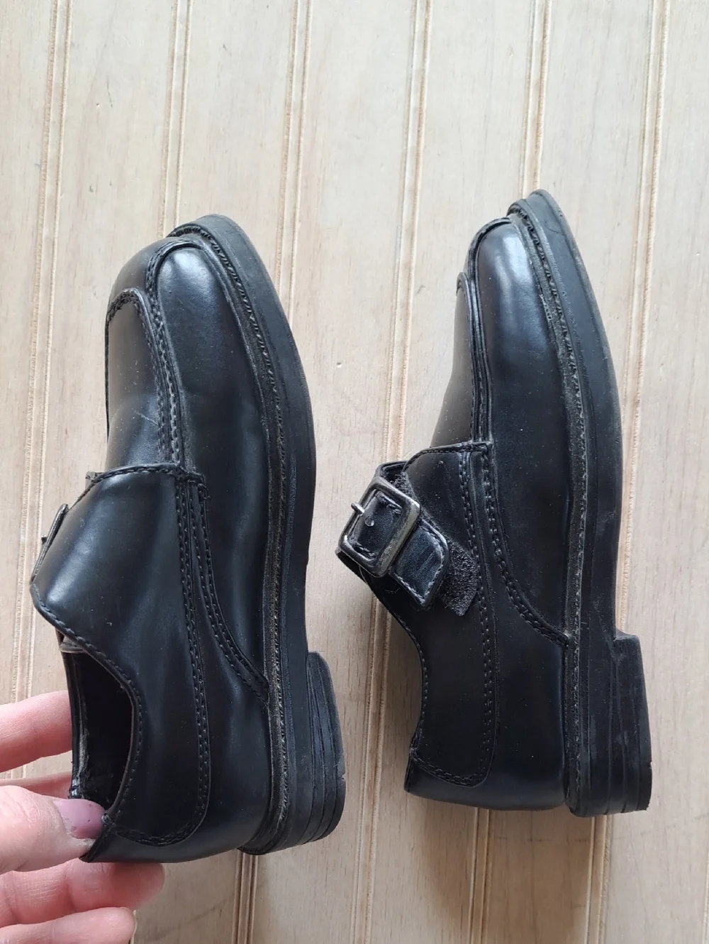 Scott David Formal Boy Blk Square Toe Dress Shoes Velcro Strap Silver Buckle